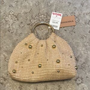 Savannah Beige Woven Clutch with Metallic Accents